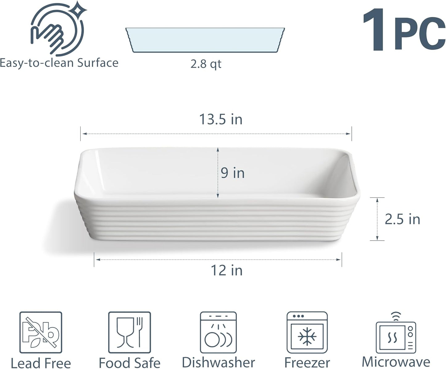 ONEMORE Ceramic Baking Dish - 9x13 Large Rectangular Casserole Pan for Oven & Family Meals | Ribbed White Bakeware