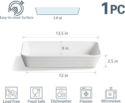 ONEMORE Ceramic Baking Dish - 9x13 Large Rectangular Casserole Pan for Oven & Family Meals | Ribbed White Bakeware