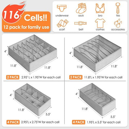 Criusia Sock Organizer - 12 Pack Fabric Drawer Dividers for Underwear, Socks & Accessories | Foldable Storage Bins