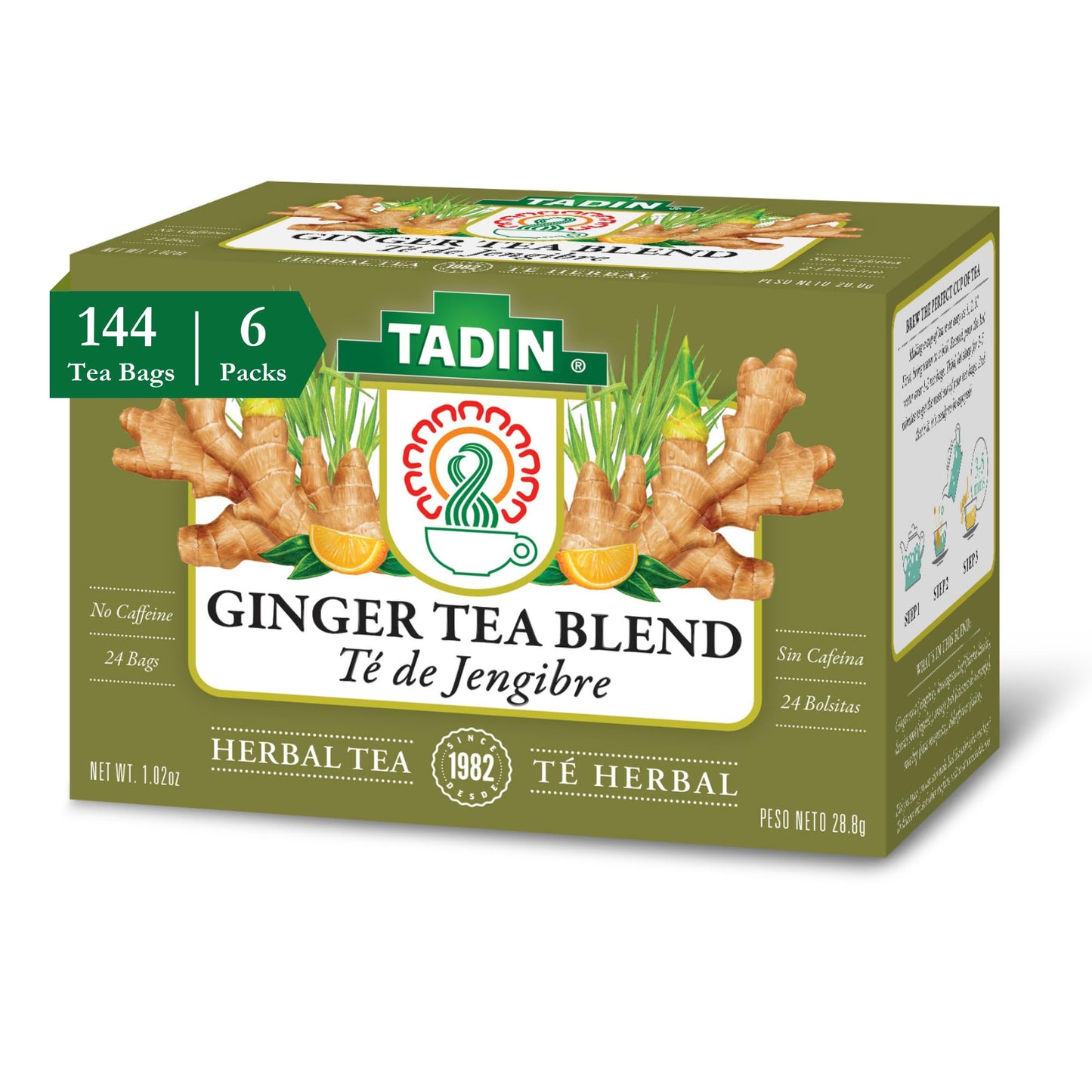 Tadin Ginger Tea Blend, Herbal Tea, Caffeine Free Tea, Fall Tea, Decaf Tea, Tea Packets for Hot Tea, 24 Tea Bags Per Box, Pack of 6