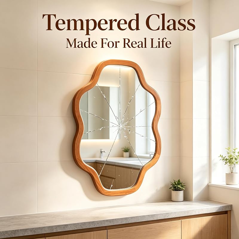 Cloud-Shaped Wall Mirror 20x30 in with Solid Wood Frame, Tempered Glass, Irregular Silhouette - Yellowish-Brown