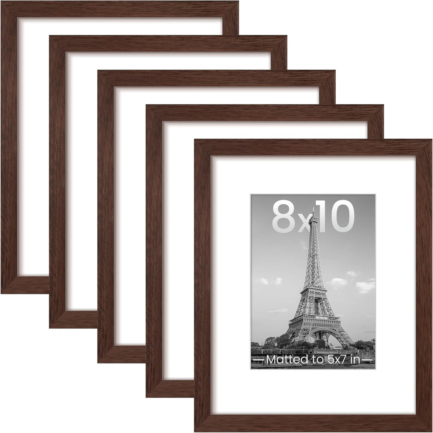 Upsimples 8x10 Picture Frame Set of 5 - Versatile Display for 5x7 with Mat or 8x10 Without | Brown