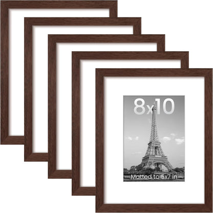 Upsimples 8x10 Picture Frame Set of 5 - Versatile Display for 5x7 with Mat or 8x10 Without | Brown