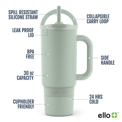 Ello Port 30oz Tumbler with Carry Loop & Integrated Handle | Vacuum Insulated Stainless Steel Reusable Water Bottle Travel Mug | Leak Proof Lid | Flexible Straw | BPA-Free | Dishwasher Safe | Sage