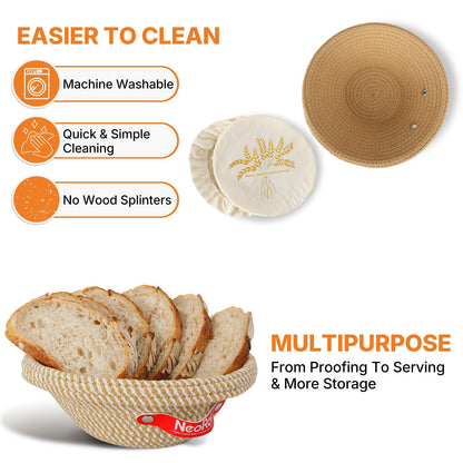 NeoRov Handmade Cotton Rope Banneton Bread Proofing Basket Set - 2X Round Bread Baskets - With Liner & Cloth Cover - For Proofing Sourdough Bread & Bread Storage (Khaki & Khaki Stripes)