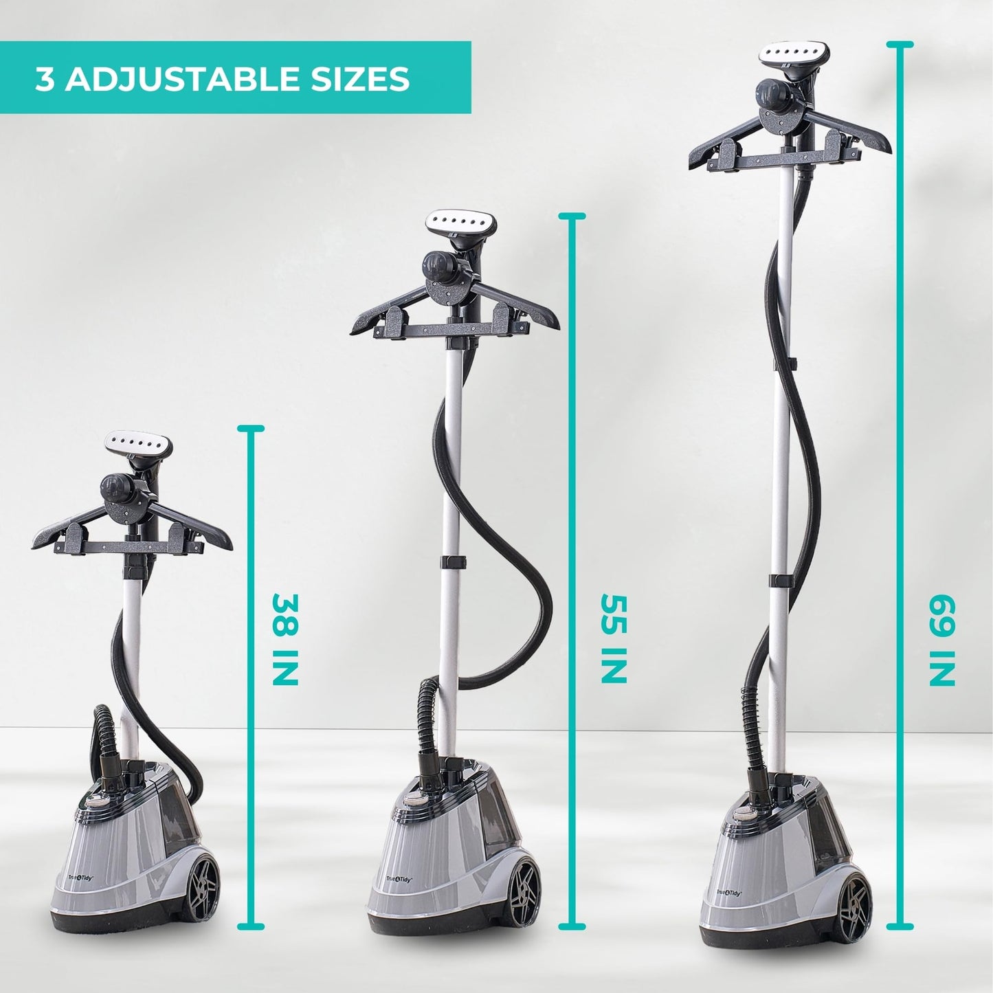 True & Tidy Heavy Duty Commercial Full Size Standing Garment Steamer for Clothes with Extra Large 3L (101 oz) Water Tank for 90+ mins of Steam Time, 1800 watts of Powerful Steam, 3 Settings, Gray
