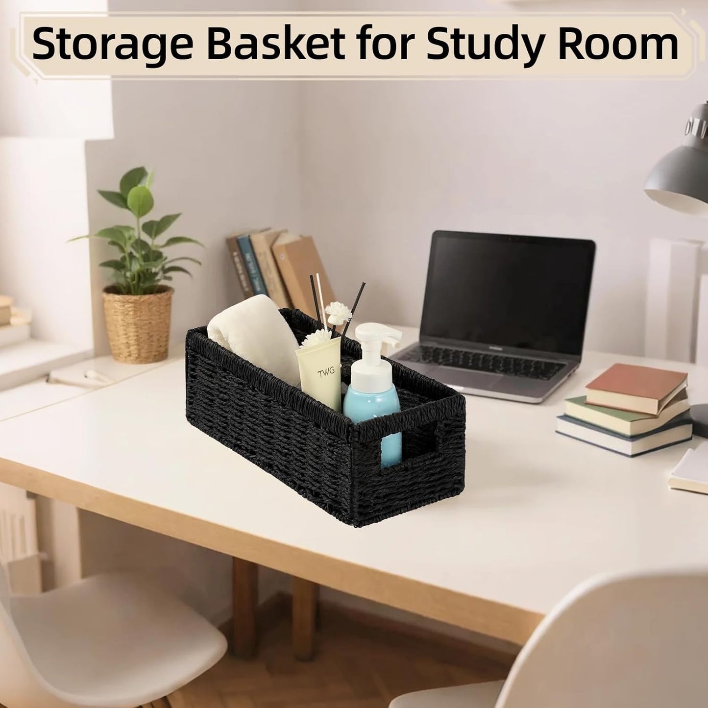 Paper Rope Storage Basket - 2 Pack Foldable Wicker Bins with Handles | Large Decorative Organizers for Bathroom