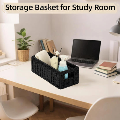 Paper Rope Storage Basket - 2 Pack Foldable Wicker Bins with Handles | Large Decorative Organizers for Bathroom