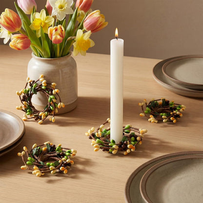 Suncalla Spring Pip Berry Taper Candle Rings - Mini Artificial Wreaths for Home Decor | Set of 4