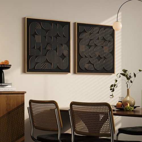 Framed 3D Black Abstract Wood Wall Art - Set of 2 Modern Geometric Paintings | Minimalist Decor for Living Room, Bedroom, Office - 24x24 Inch