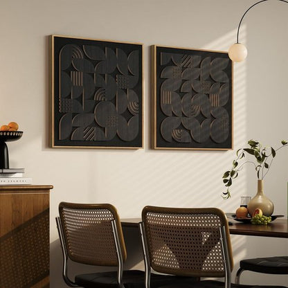 Framed 3D Black Abstract Wood Wall Art - Set of 2 Modern Geometric Paintings | Minimalist Decor for Living Room, Bedroom, Office - 24x24 Inch