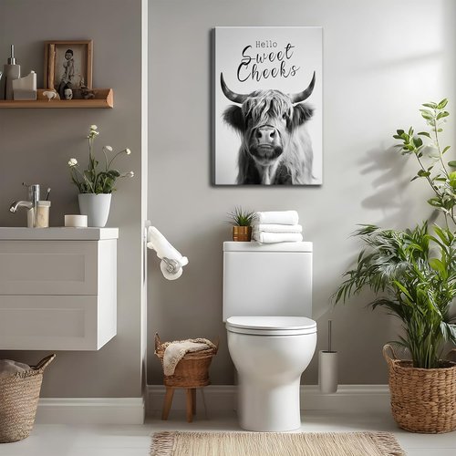Highland Cow Wall Art - Funny Black and White Canvas Print | 16x24in Framed Bathroom Decor