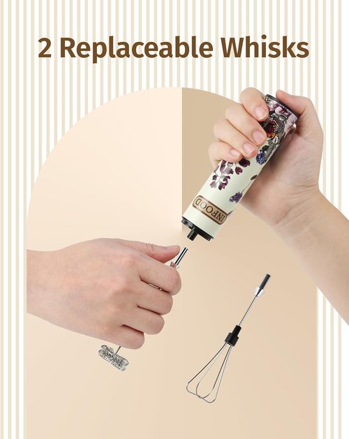 INFOOD Milk Frother Rechargeable with Cover - Coffee Frother Wand, Drink Mixer Handheld with 2 Detachable Stainless Whisks 2 Speed Adjustable for Latte, Cappuccino, Hot Chocolate, Egg, Vintage Floral