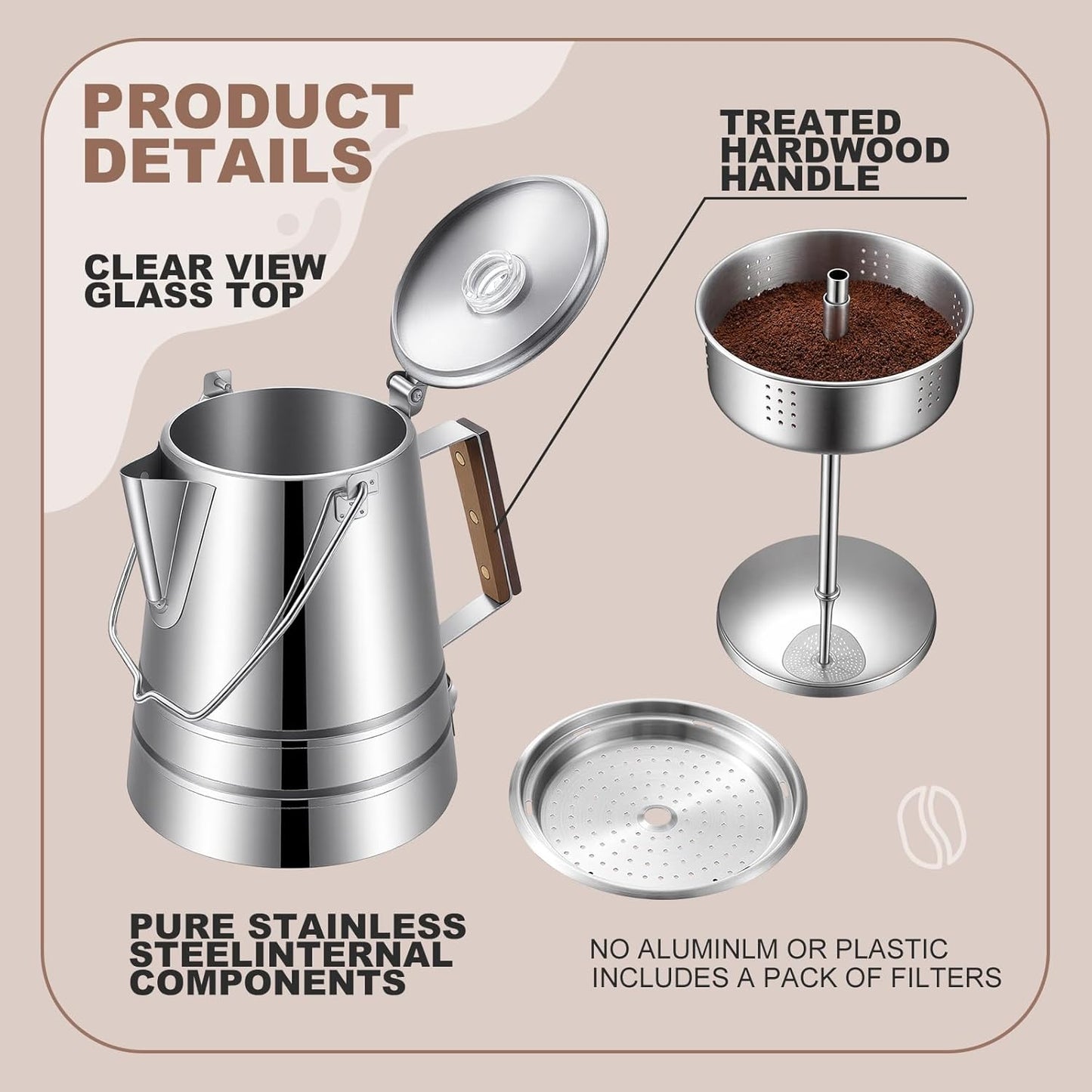Skiennix 28-Cup Stainless Steel Coffee Percolator - Large Capacity for Camping & Outdoor Use