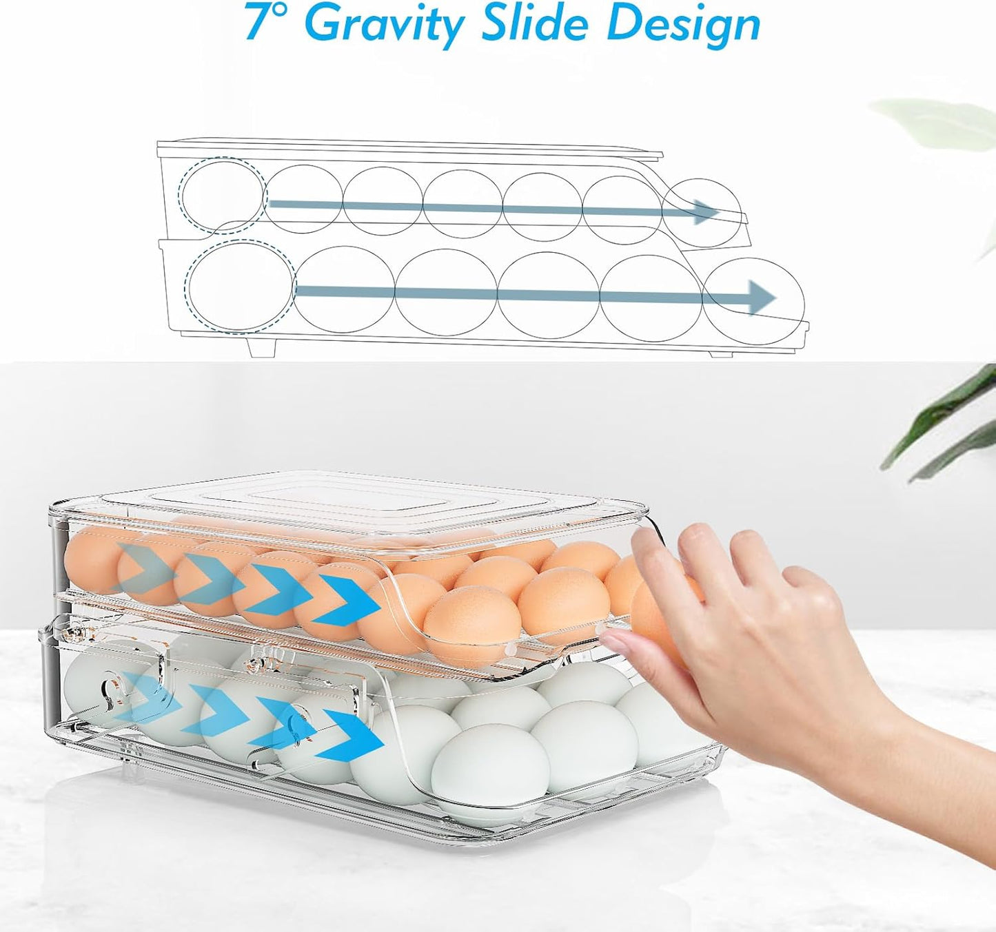 Skiennix Egg Holder - Foldable Automatic Rolling Container for Refrigerator | Large-Capacity, Clear Plastic (3 Dozen)
