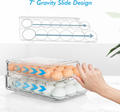 Skiennix Egg Holder - Foldable Automatic Rolling Container for Refrigerator | Large-Capacity, Clear Plastic (3 Dozen)