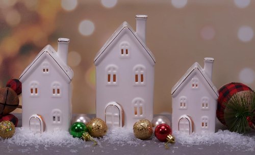 Mark Feldstein & Associates Holiday Tea Light Village House Figurines - White Glazed Porcelain, Set of 3, 8 Inch