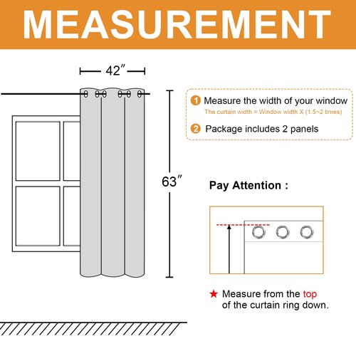 Hiasan Grommet Blackout Curtains for Bedroom, 42 x 63 Inches Length - Thermal Insulated & Light Blocking Window Curtains for Living Room, 2 Drape Panels Sewn with Tiebacks, Dark Grey
