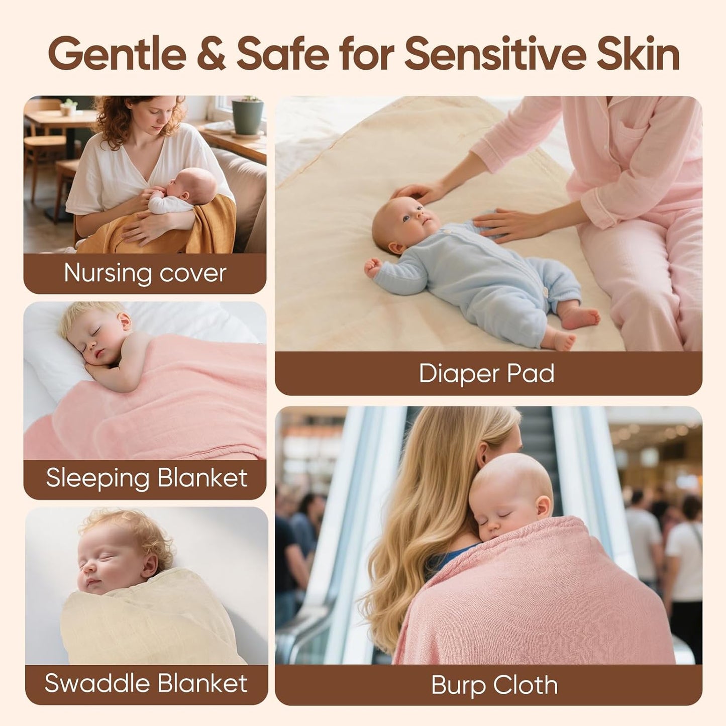 MIGIOL Muslin Swaddle Blankets - Soft Baby Essentials for Newborns | 47x47 Inches, 3-Pack (Pink & Coffee)