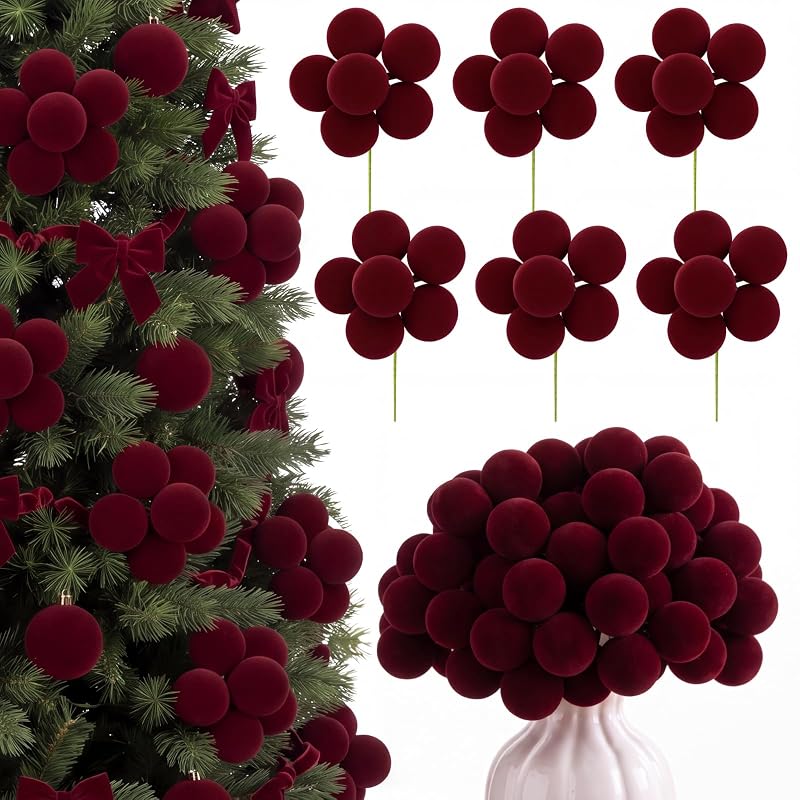 Junkin Burgundy Velvet Christmas Tree Ball Picks, 12 Packs (2-Inch Balls) Variation: Burgundy