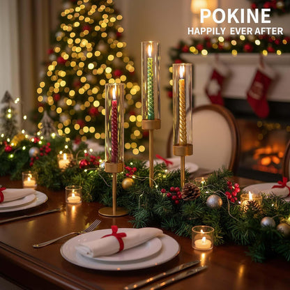 POKINE Tall Candle Holders - Set of 3 Hurricane Glass Taper Holders for Weddings & Parties