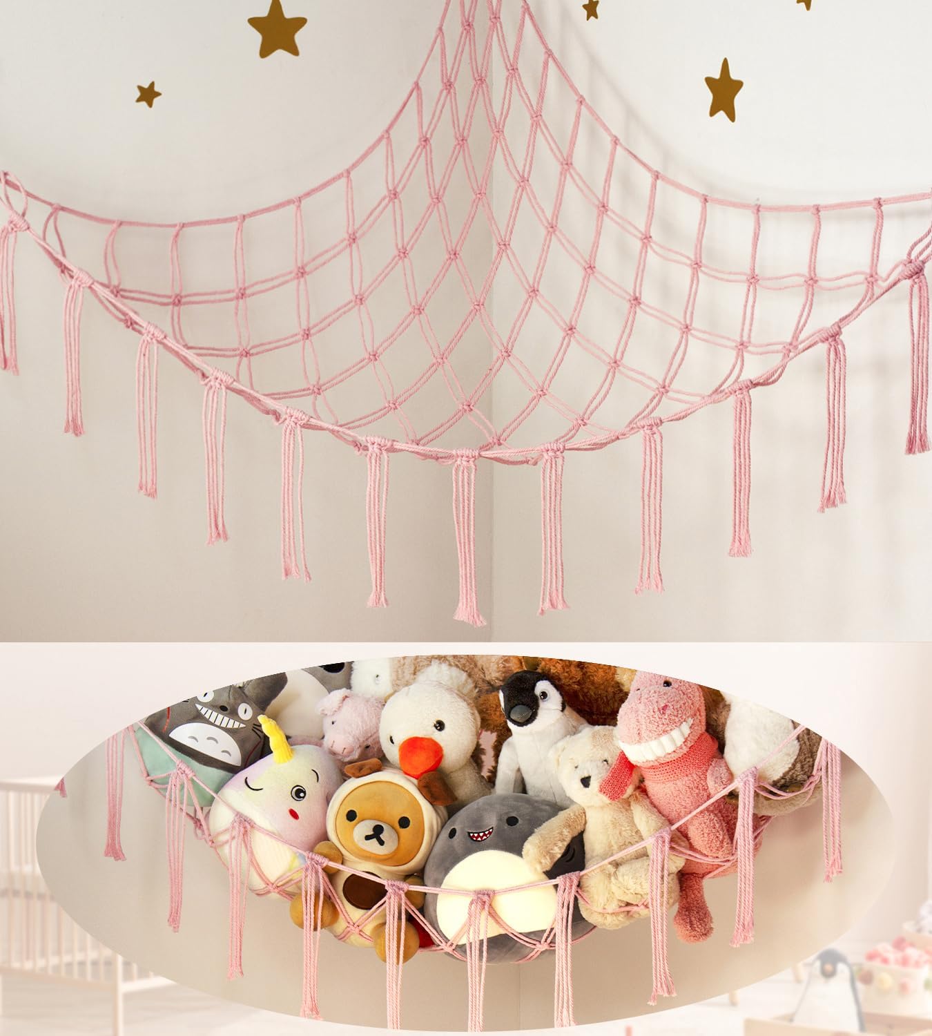Skiennix Stuffed Animal Storage Hammock - Pink Corner Net for Cute Toy Organization | Boho Decor