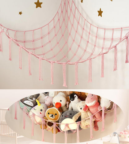 Skiennix Stuffed Animal Storage Hammock - Pink Corner Net for Cute Toy Organization | Boho Decor