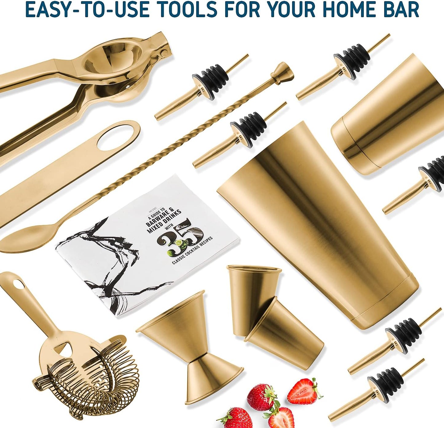 Skiennix Cocktail Shaker Set - 16-Piece Stainless Steel Mixology Kit with Gold Finish | Includes 30oz Shaker, Muddler, Jigger & Recipe Book