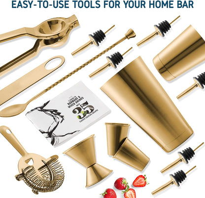 Skiennix Cocktail Shaker Set - 16-Piece Stainless Steel Mixology Kit with Gold Finish | Includes 30oz Shaker, Muddler, Jigger & Recipe Book