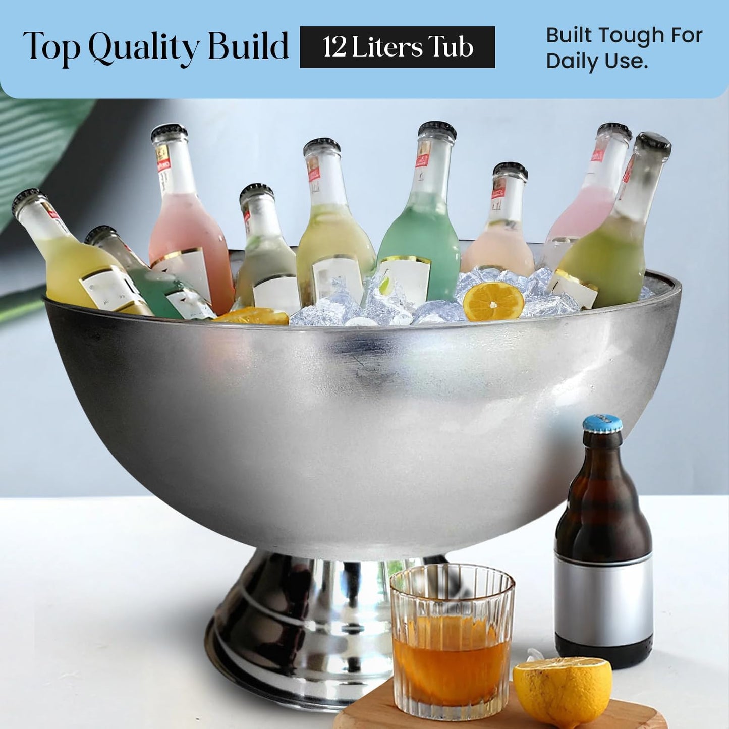 Premium 12L Large Ice Bucket for Parties – 16"x16"x10" Silver Stainless Steel Beverage Tub with Scoop – Insulated Ice Bucket for Cocktail Bar, Beers & Champagnes – 1.77kg Drink Bucket for Celebrations