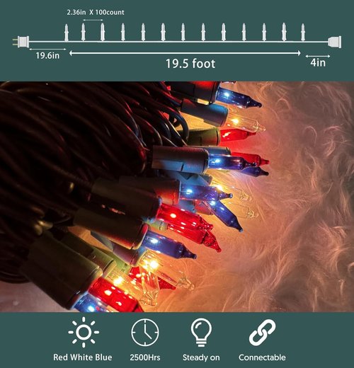 HISHINY 100 Count Clear White Christmas Lights - Red, White & Blue 4th of July String Lights | Indoor/Outdoor Decor