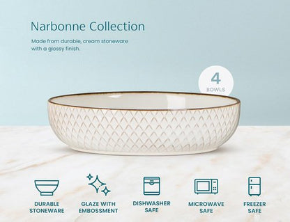 KooK Ceramic Pasta Bowls - Large Capacity Serving Bowls for Stews & Salads | Set of 4, Ivory with Dark Copper Accents, 40 oz