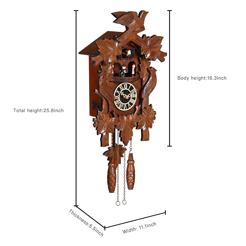Hand-Carved Wooden Cuckoo Clock Wall Clock Antique Style 11.1 x 25.8 in