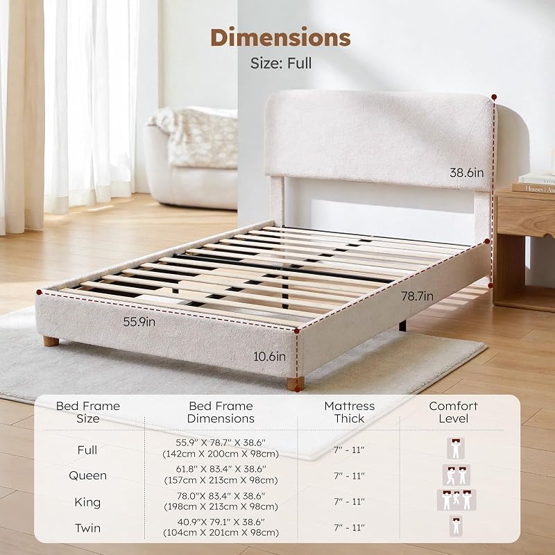Full Size Upholstered Cloud Bed Frame with Boucle Cream, Height-Adjustable Headboard