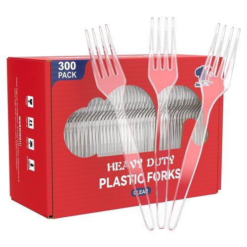 JOLLY CHEF [300 Count] Clear Plastic Forks,Heavy Duty Disposable Forks Plastic Utensils Perfect for Home, School, Party, Restaurant, Christmas or Daily use