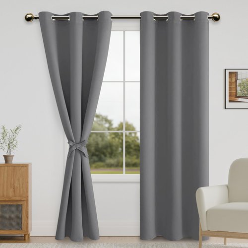 DWCN Grey Blackout Curtains 84 inch Length 2 Panels Set for Bedroom with Tiebacks - Room Darkening Privacy Grommet Top Window Curtains for Living Room, 42 x 84 inches Long, Set of 2 Panels