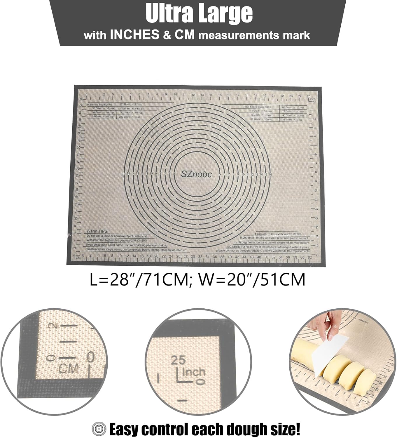 Skiennix Non-Slip Silicone Pastry Mat - 28x20 Inches with Measurements for Baking, Dough & More