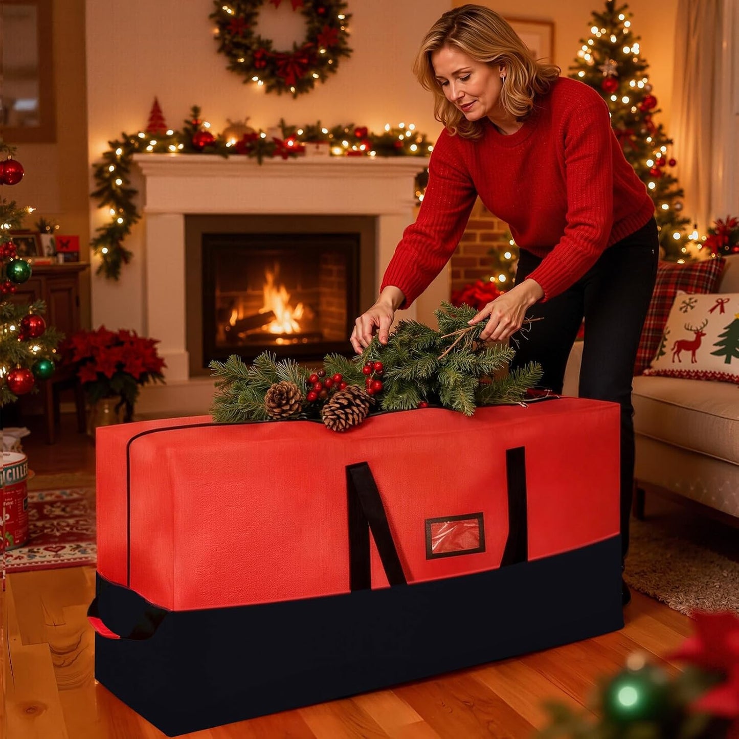 Regine Switzerland Heavy Duty Christmas Tree Storage Bag - Waterproof, Durable Zipper & Handles for Trees Up to 9ft | Black & Red