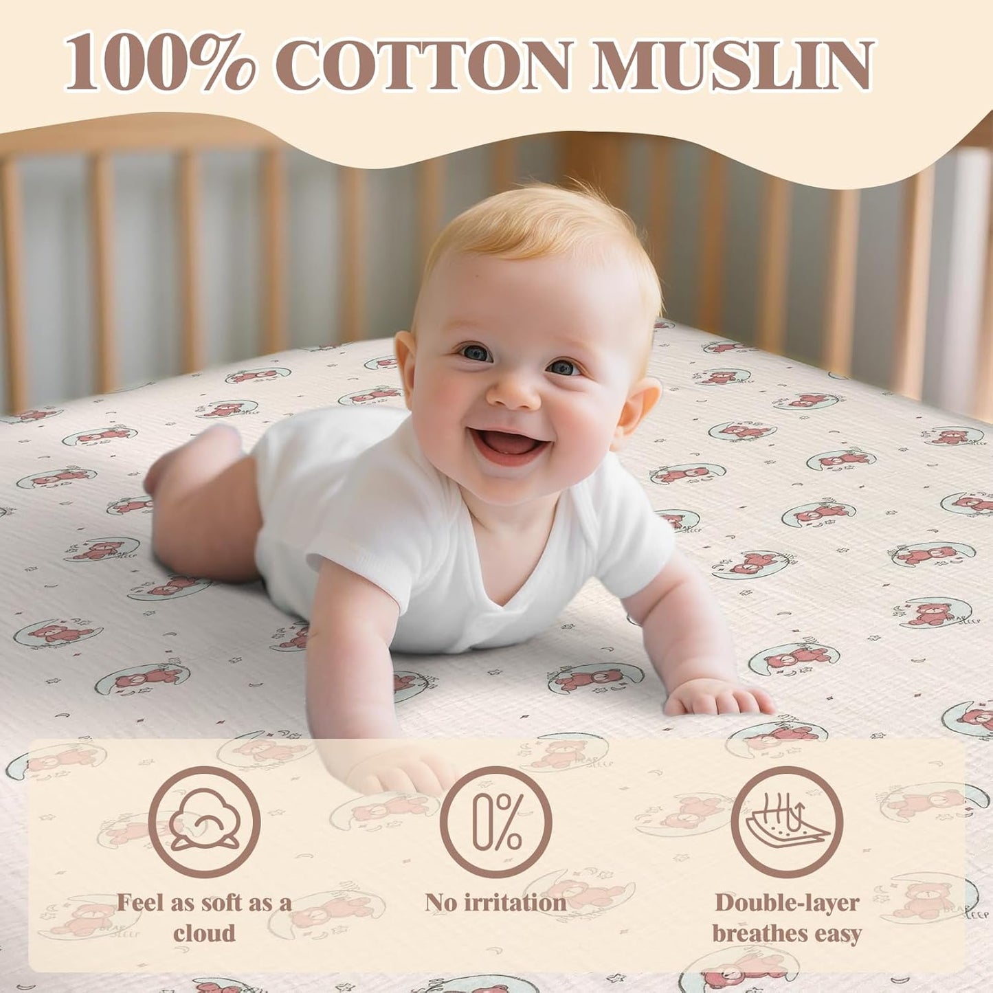 Skiennix Baby Crib Sheets - Soft Cotton Muslin, 2-Pack Neutral Colors for Boys & Girls | Fitted Toddler Bed 54 x 28 Inch