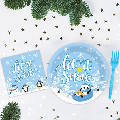 Let It Snow Winter Party Dinnerware Set 96 PCS - Plates, Napkins & Forks with Snowman Penguin