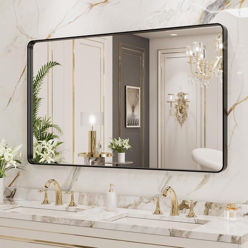 LOAAO Black Metal Framed Bathroom Mirror - 40x24 Inch Large Rounded Rectangle, Anti-Rust Design