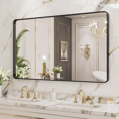 LOAAO Black Metal Framed Bathroom Mirror - 40x24 Inch Large Rounded Rectangle, Anti-Rust Design