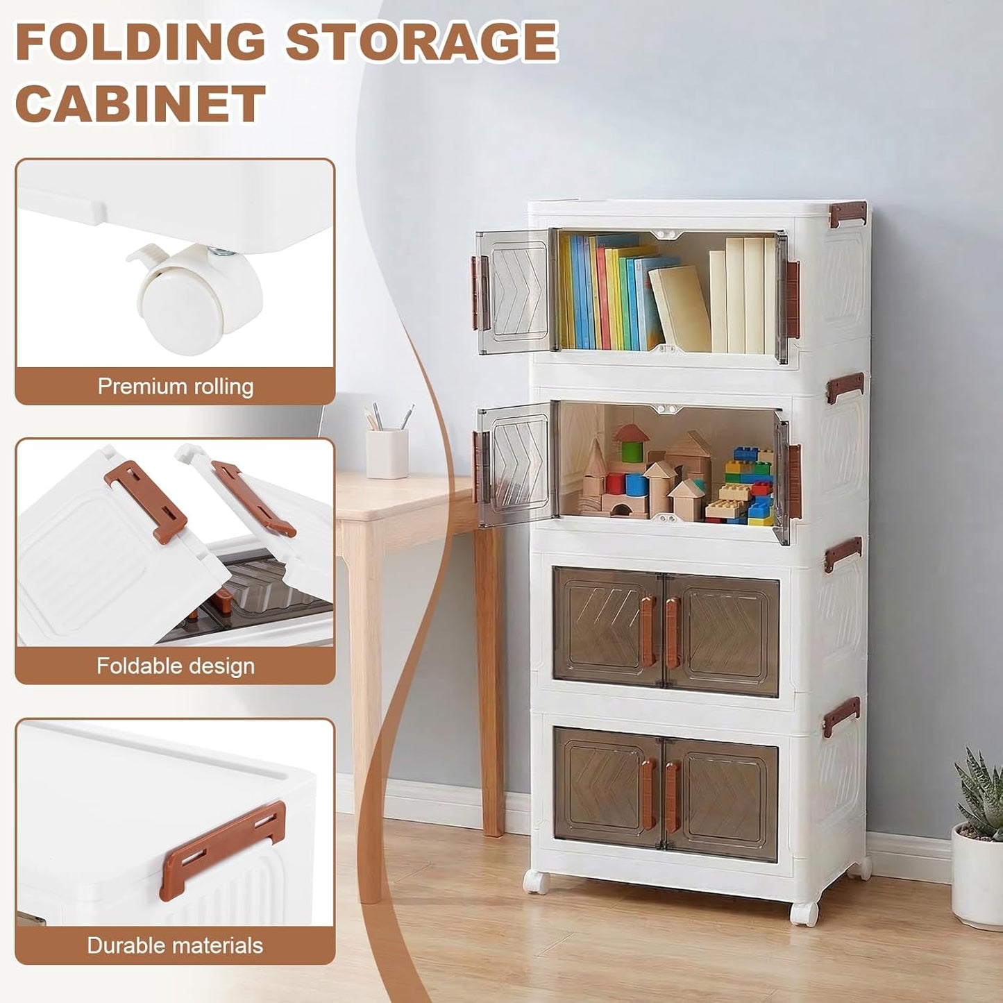 Skiennix 4-Tier Stackable Storage Bins with Lids - Foldable Containers with Wheels & Transparent Door