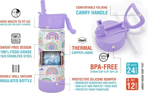 Chillout Life 17 oz Kids Insulated Water Bottle - Leakproof Straw Lid & Cute Stickers