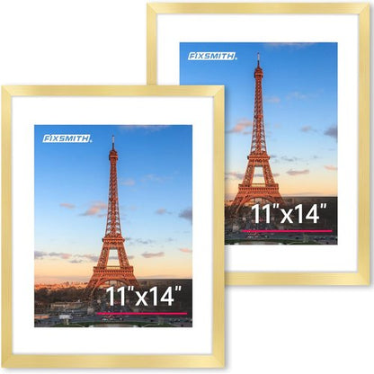FIXSMITH 11x14 Picture Frame Set of 2 - HD Plexiglass for 8x10 or 11x14 Photos | Gold Wall Decor