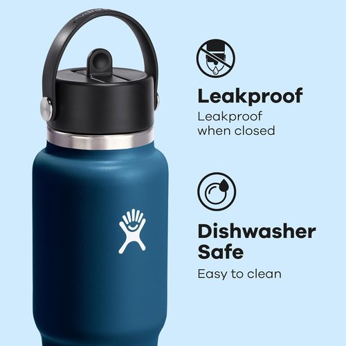 Hydro Flask Travel Water Bottle - Insulated Stainless Steel with Wide Straw Lid - 32 Oz Indigo Blue