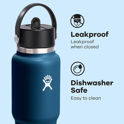 Hydro Flask Travel Water Bottle - Insulated Stainless Steel with Wide Straw Lid - 32 Oz Indigo Blue