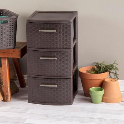 Sterilite 3 Drawer Storage Tower - Decorative Weave Organizer for Dorm, Closet & Bedroom - Espresso Finish
