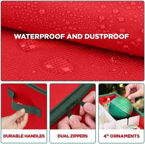 Christmas Ornament Storage Container - Large Red Organizer Bin with Dividers for 54 Ornaments