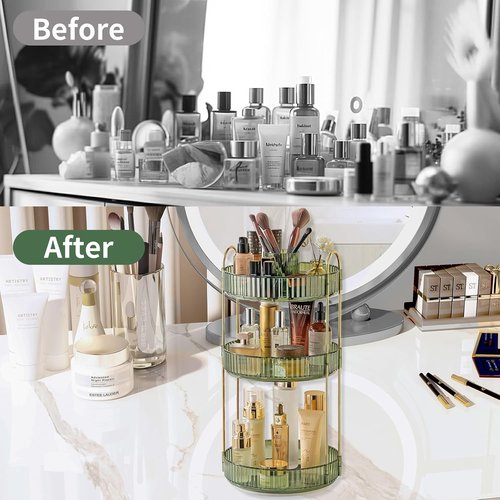 Asayuee 360 Rotating Makeup Organizer - Large 3-Tier Storage for Skincare & Cosmetics | Green